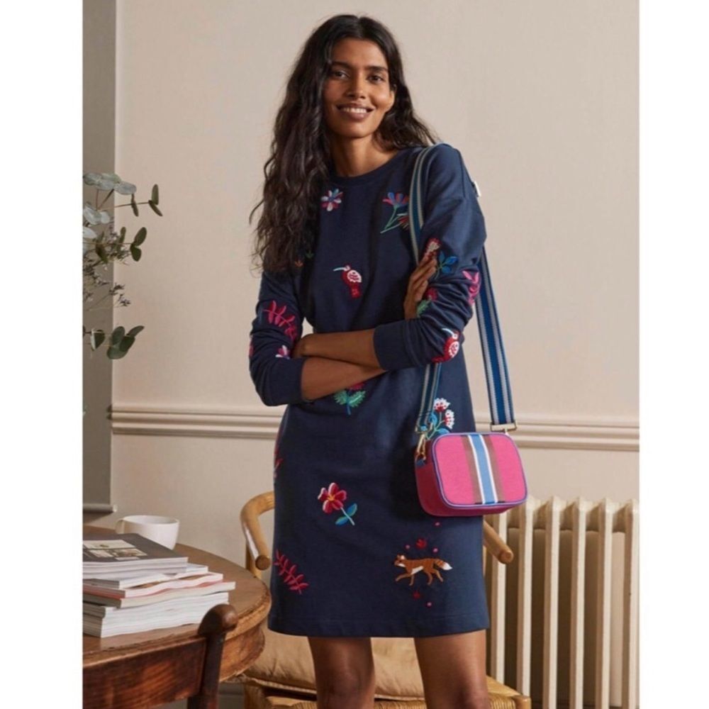 Boden Navy Floral Embroidered Sweatshirt Dress